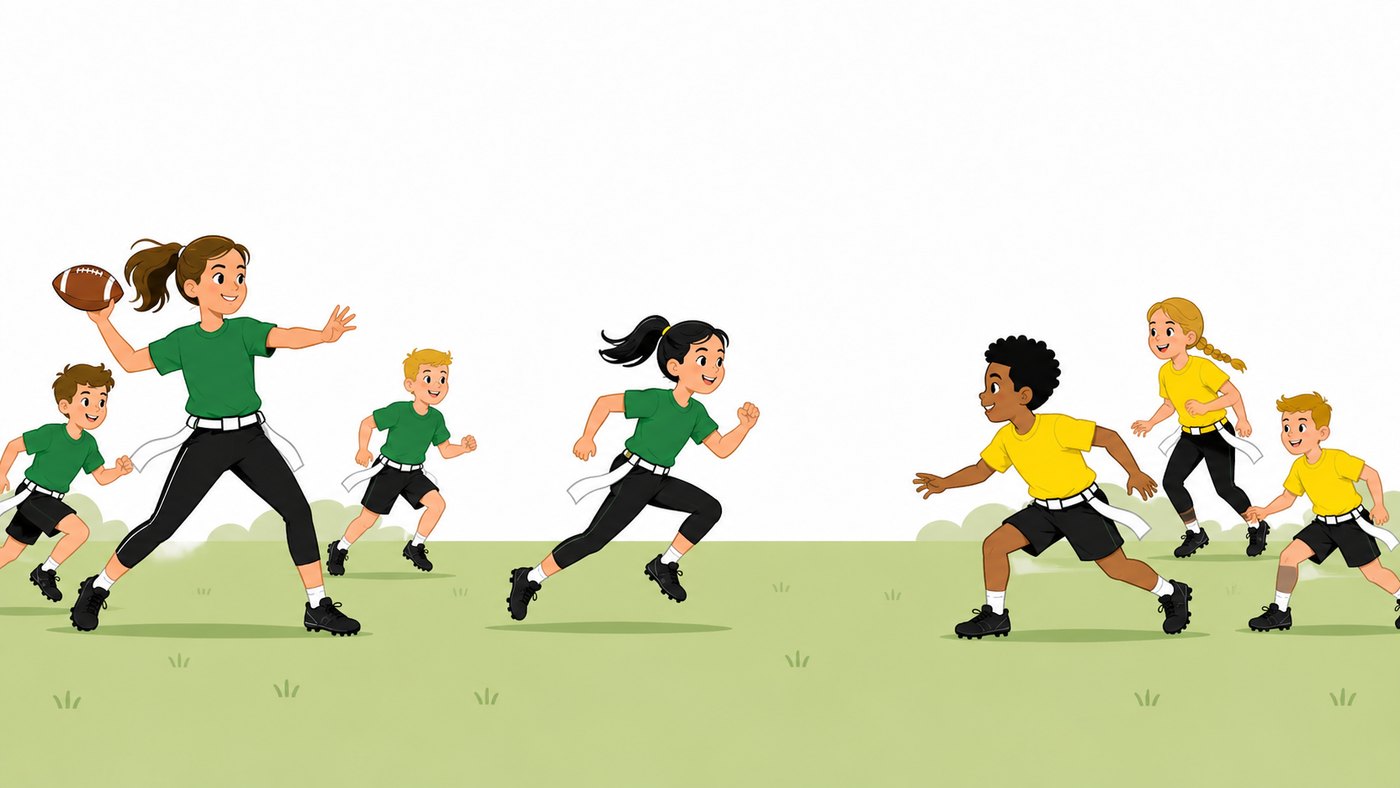 Niños y niñas jugando al Flag Football en equipo